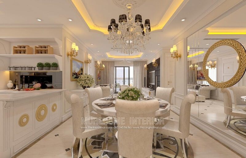 Mẫu bàn ăntân cổ điển với thiết kế ấn tượng mặt bàn kính hình tròn kết hợp mẫu ghế gỗ tân cổ điển cao cấp tạo điểm nhấn nổi bật cho căn phòng Mẫu bàn ăn đẹp MoreHome