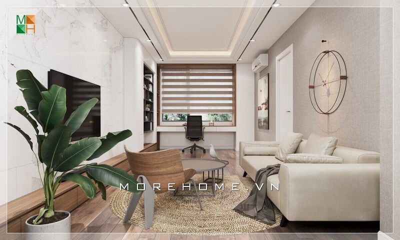 Gợi ý mẫu thiết kế nội thất không gian phòng khách kết hợp có bàn làm việc có cửa sổ lớn thông thoáng hiện đại và tiện lợi cho chung cư, nhà phố.