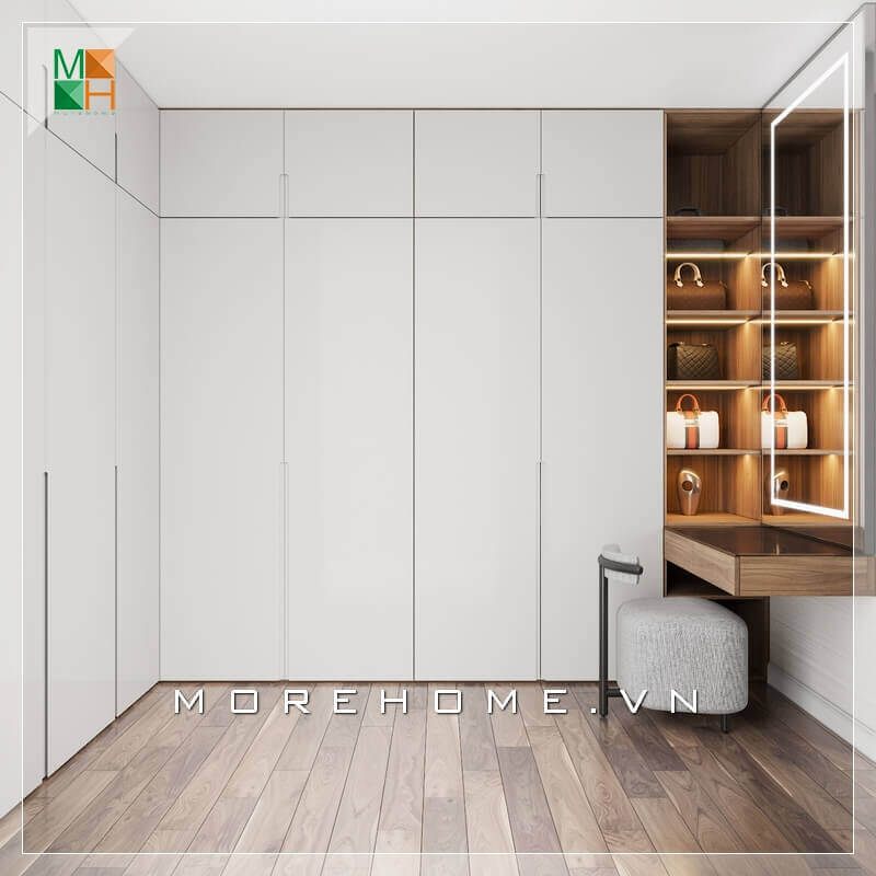 Thiết kế tủ quần áo hiện đại màu trắng, kệ để đồ âm tường kịch trần sáng tạo, tiết kiếm được tối ưu diện tích không gian vừa có tính thẩm mỹ.