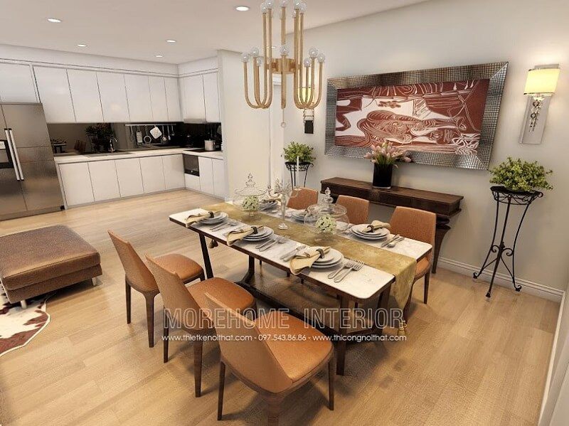 Bộ bàn ăn cao cấp có bàn ăn làm bằng gỗ acrylic và ghế gỗ tự nhiên bọc da màu cam sẽ làm nổi bật điểm nhấn trong căn phòng.